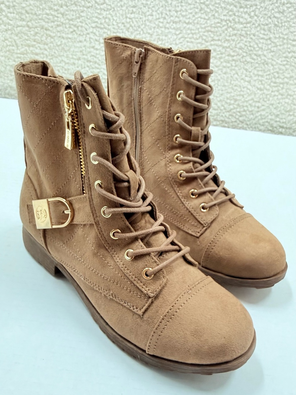 BEBE Wandell Zip up Lace up Faux Suede Boots Taupe Size 8 NEW